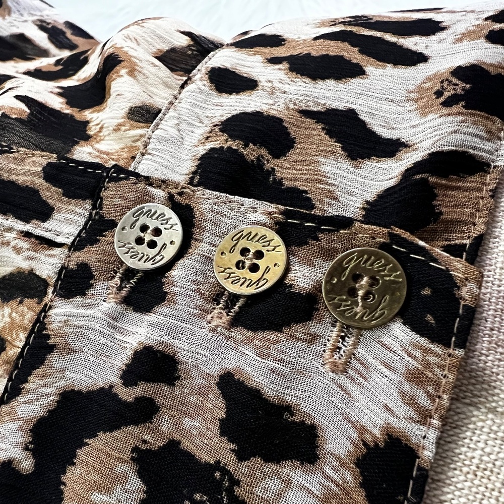 EUC [Guess] Sheer Leopard Top | Smocked Button Down Shirt Cheetah Blouse | Small - Picture 8 of 14